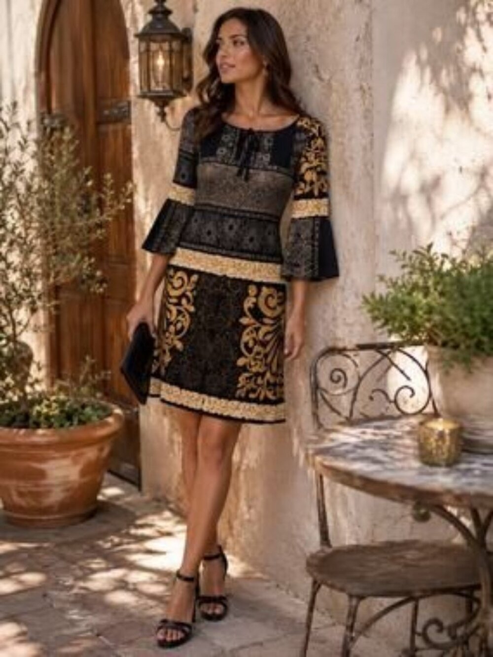 Hale Bob Silk Blend Baroque Bell Sleeve Shift Dress Small